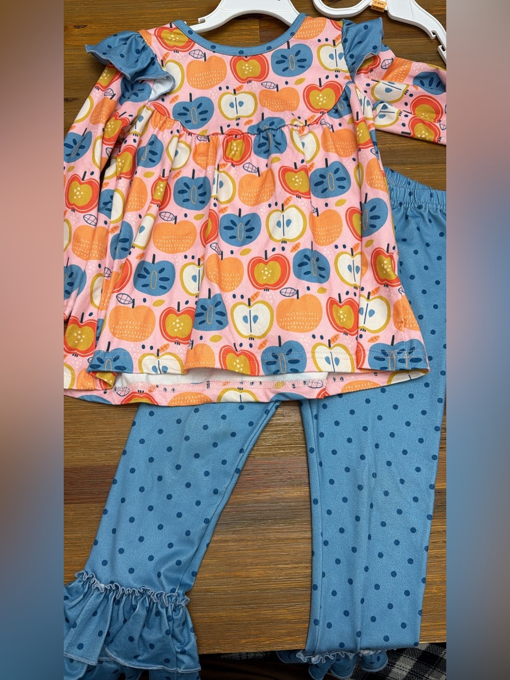 Girls Pink Apple Print Top & Blue Polka Dot Leggings Matching Set